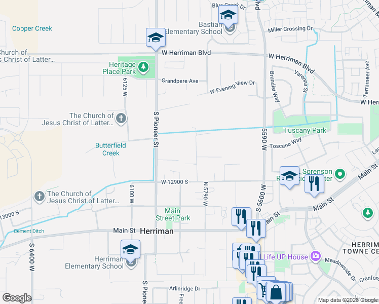map of restaurants, bars, coffee shops, grocery stores, and more near 12778 5835 West in Herriman