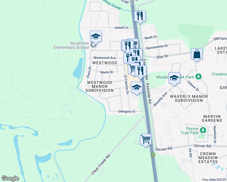 map of restaurants, bars, coffee shops, grocery stores, and more near 2040 Meadowbrook Drive in Redding