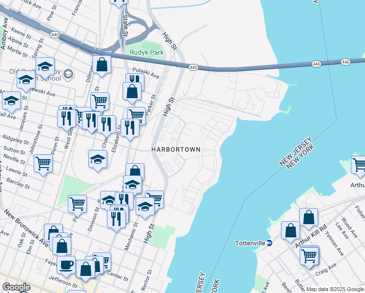 map of restaurants, bars, coffee shops, grocery stores, and more near 1000 Harbortown Boulevard in Perth Amboy
