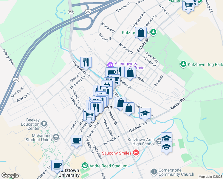 map of restaurants, bars, coffee shops, grocery stores, and more near 10 East Main Street in Kutztown