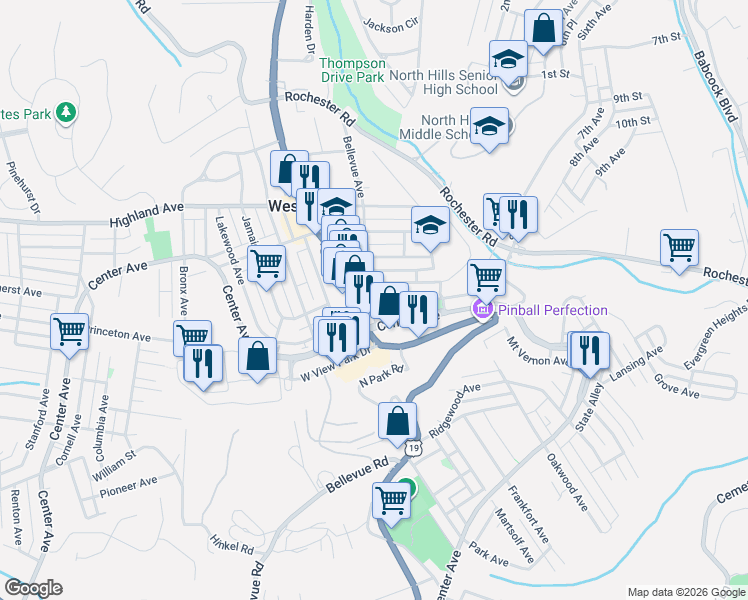 map of restaurants, bars, coffee shops, grocery stores, and more near 20 Bellevue Avenue in Pittsburgh