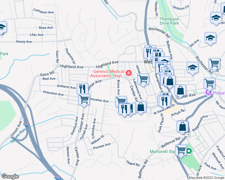 map of restaurants, bars, coffee shops, grocery stores, and more near 139 Cooper Street in West View
