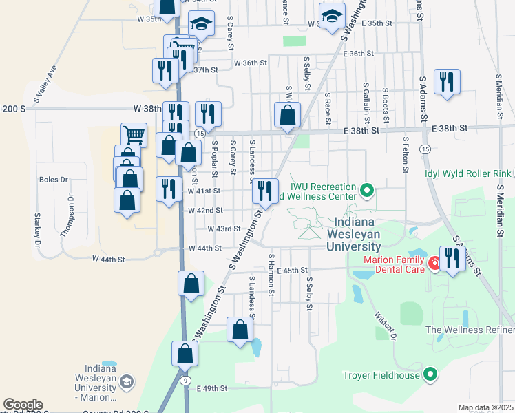 map of restaurants, bars, coffee shops, grocery stores, and more near 4101-4199 S Washington St in Marion