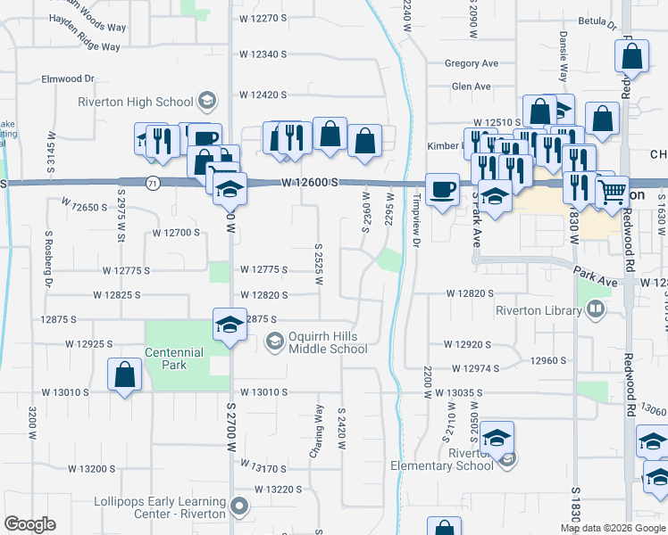 map of restaurants, bars, coffee shops, grocery stores, and more near 12772 Ann Christine Court in Riverton