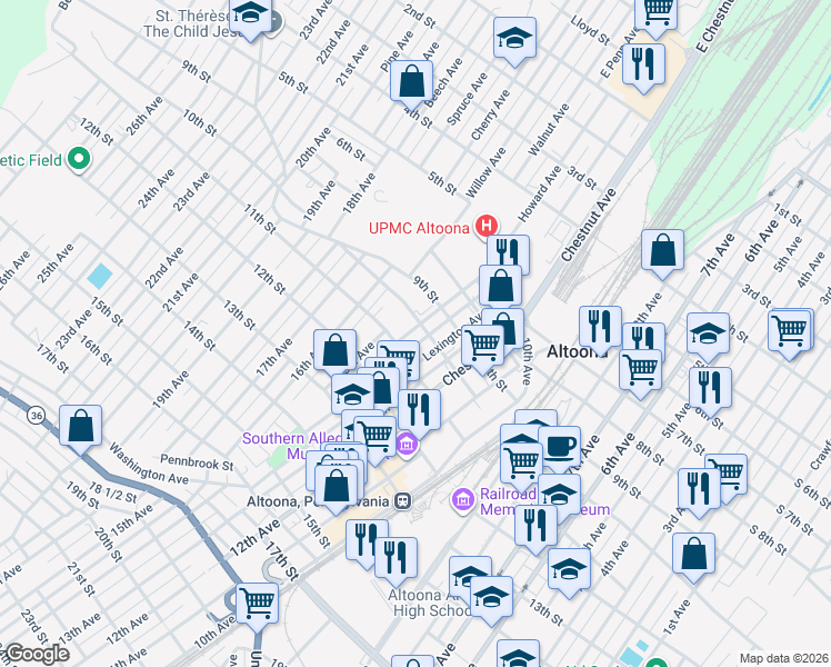 map of restaurants, bars, coffee shops, grocery stores, and more near in Altoona