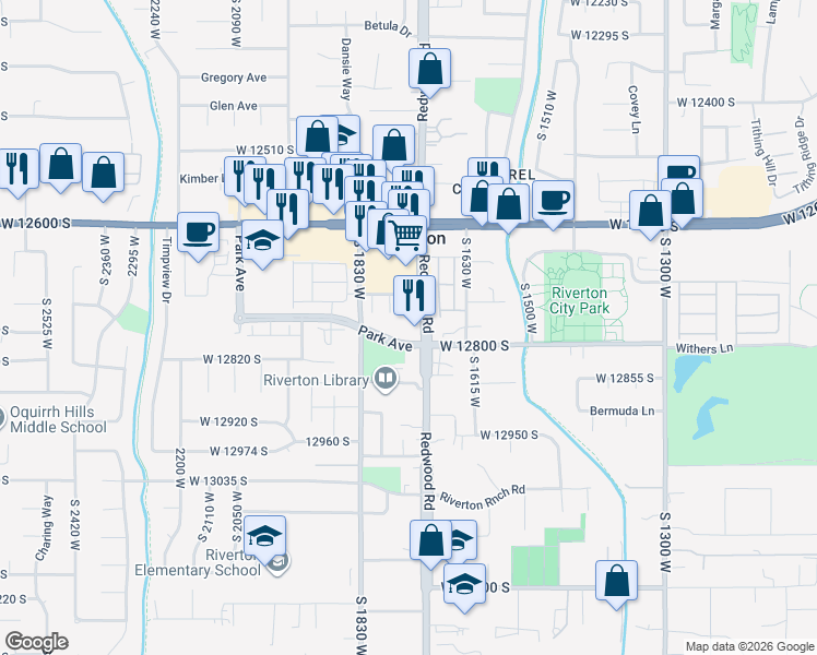 map of restaurants, bars, coffee shops, grocery stores, and more near 1728 West 12775 South in Riverton