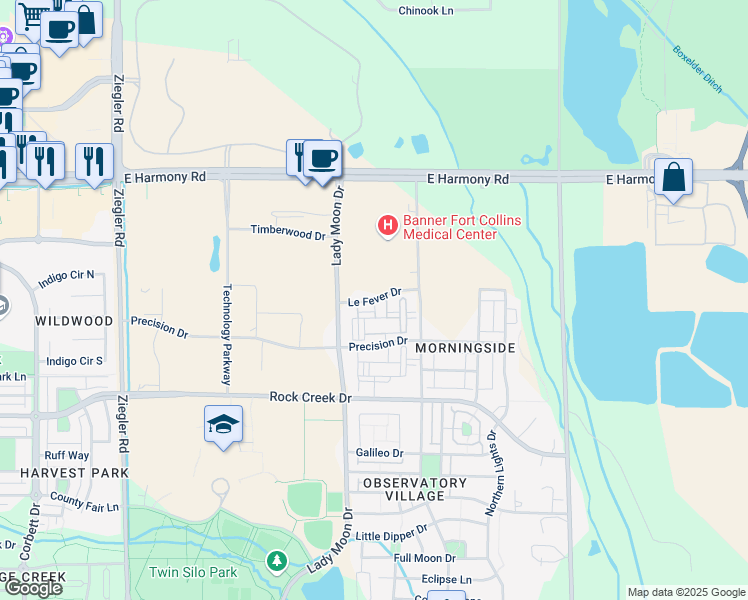 map of restaurants, bars, coffee shops, grocery stores, and more near 3707 Le Fever Drive in Fort Collins