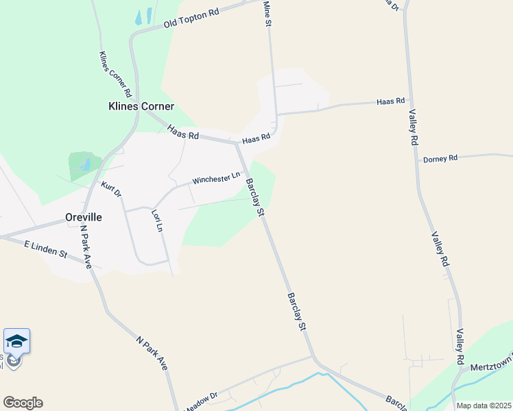 map of restaurants, bars, coffee shops, grocery stores, and more near 410 Barclay Street in Mertztown