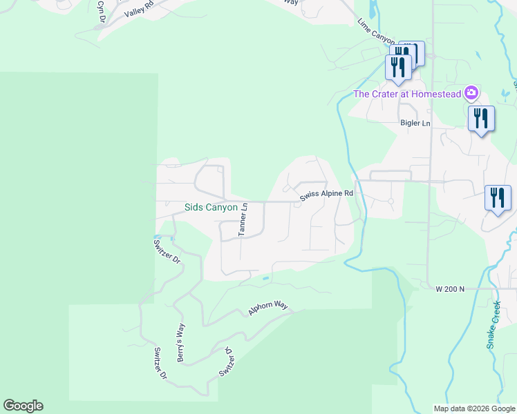 map of restaurants, bars, coffee shops, grocery stores, and more near 1235 Swiss Alpine Road in Midway