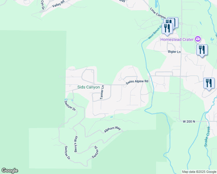 map of restaurants, bars, coffee shops, grocery stores, and more near 1275 Swiss Alpine Road in Midway