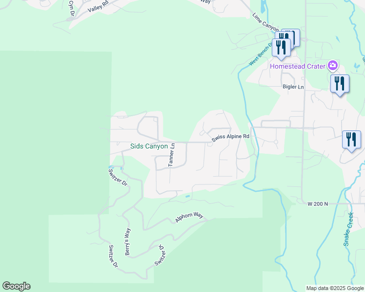 map of restaurants, bars, coffee shops, grocery stores, and more near 1275 Swiss Alpine Road in Midway