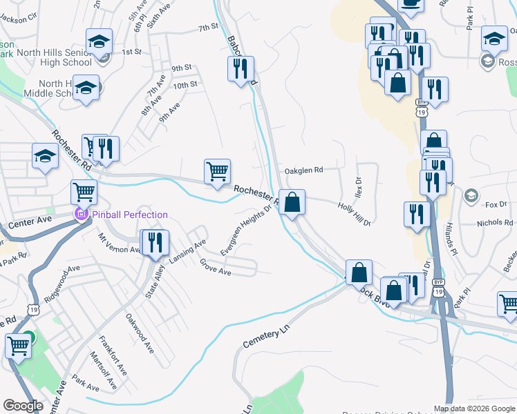 map of restaurants, bars, coffee shops, grocery stores, and more near 104 Adele Court in Pittsburgh