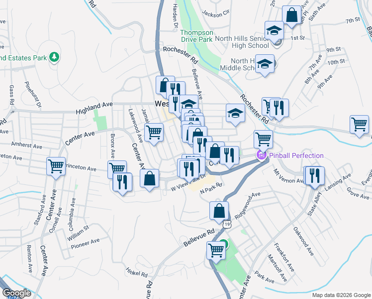 map of restaurants, bars, coffee shops, grocery stores, and more near 431 U.S. 19 in West View