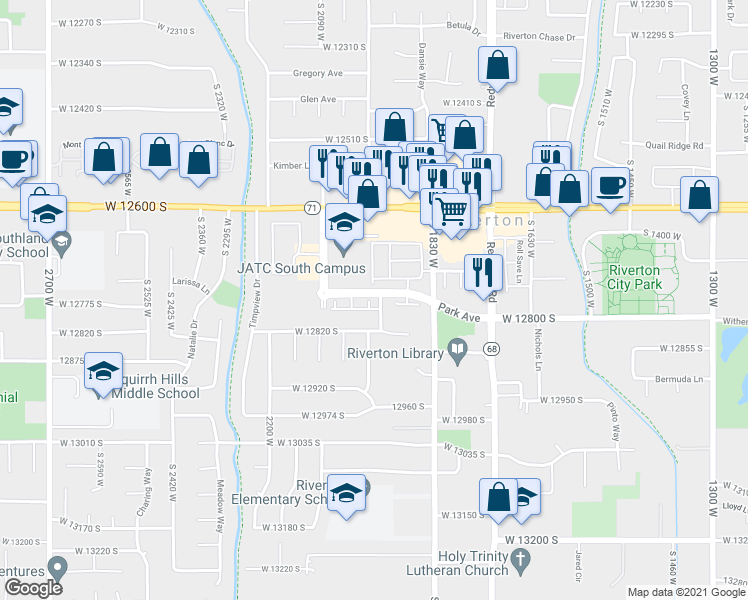 map of restaurants, bars, coffee shops, grocery stores, and more near 12767 Park Rim Court in Riverton