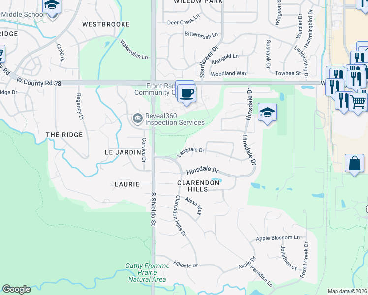 map of restaurants, bars, coffee shops, grocery stores, and more near 902 Langdale Drive in Fort Collins