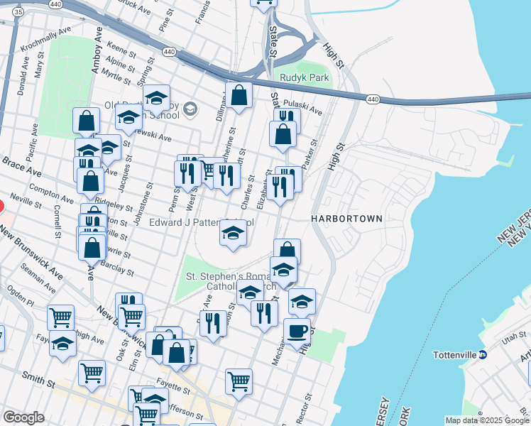 map of restaurants, bars, coffee shops, grocery stores, and more near 170 Hall Avenue in Perth Amboy