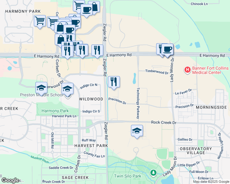 map of restaurants, bars, coffee shops, grocery stores, and more near 4880 Ziegler Road in Fort Collins