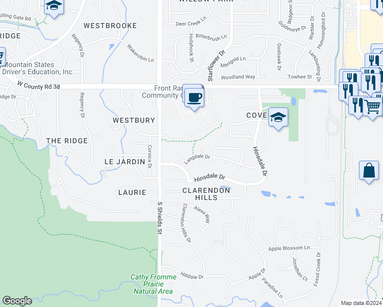 map of restaurants, bars, coffee shops, grocery stores, and more near 902 Langdale Drive in Fort Collins