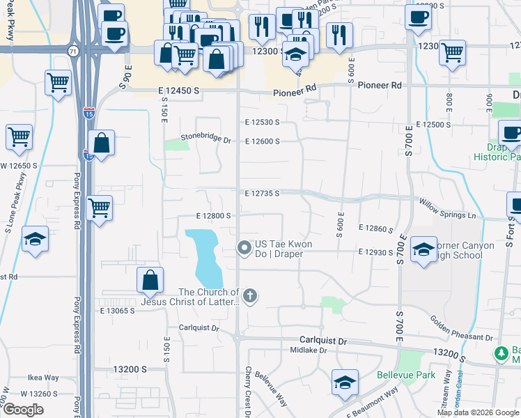 map of restaurants, bars, coffee shops, grocery stores, and more near 367 Pheasant View Drive in Draper