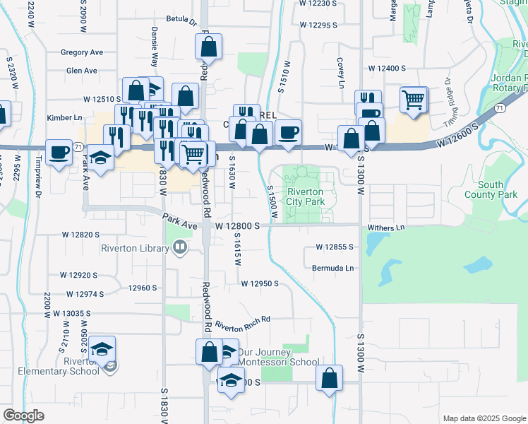 map of restaurants, bars, coffee shops, grocery stores, and more near 1565 West 12730 South in Riverton