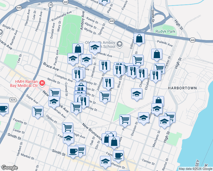 map of restaurants, bars, coffee shops, grocery stores, and more near 591 Penn Street in Perth Amboy