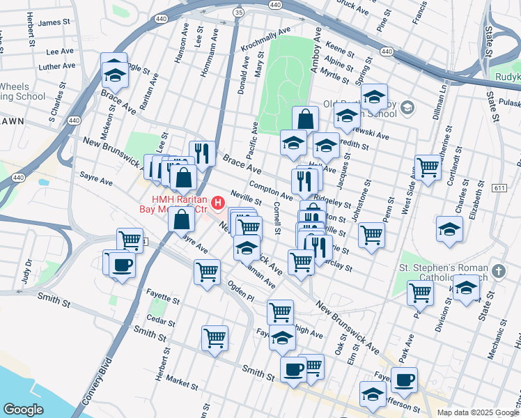 map of restaurants, bars, coffee shops, grocery stores, and more near 441 Neville Street in Perth Amboy