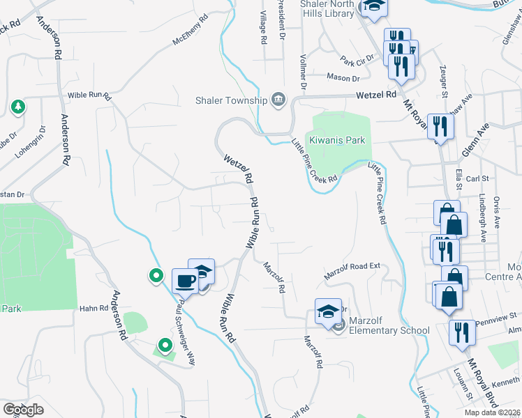map of restaurants, bars, coffee shops, grocery stores, and more near 598 Wible Run Road in Pittsburgh