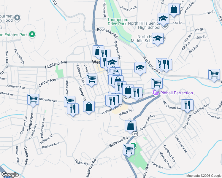 map of restaurants, bars, coffee shops, grocery stores, and more near 431 U.S. 19 in West View