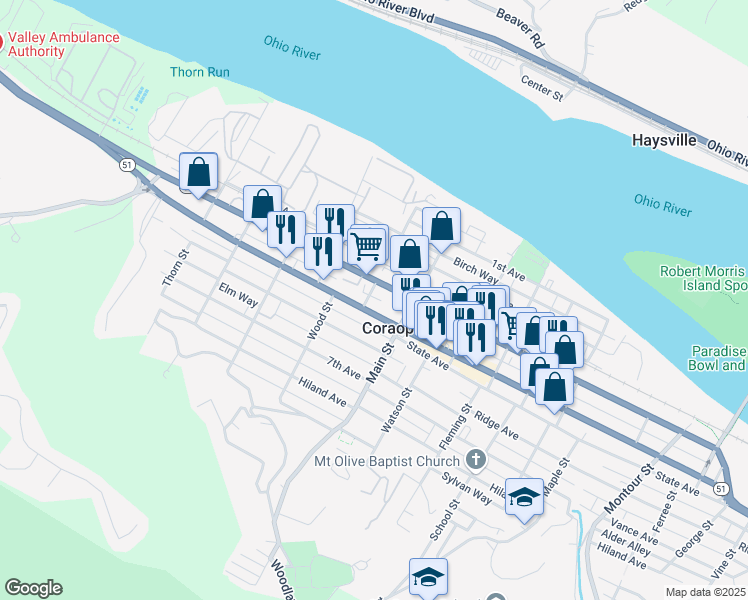 map of restaurants, bars, coffee shops, grocery stores, and more near 846 4th Avenue in Coraopolis