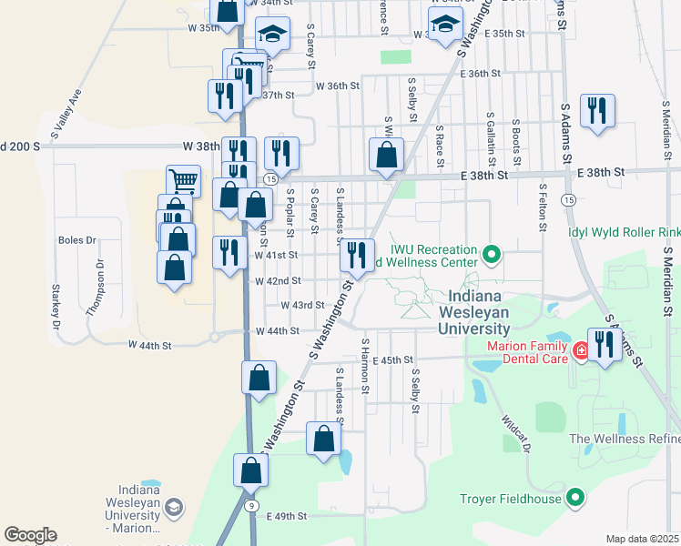 map of restaurants, bars, coffee shops, grocery stores, and more near 4107 South Carey Street in Marion