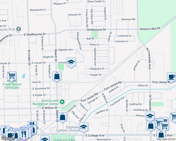 map of restaurants, bars, coffee shops, grocery stores, and more near 912 Chippewa Street in Normal