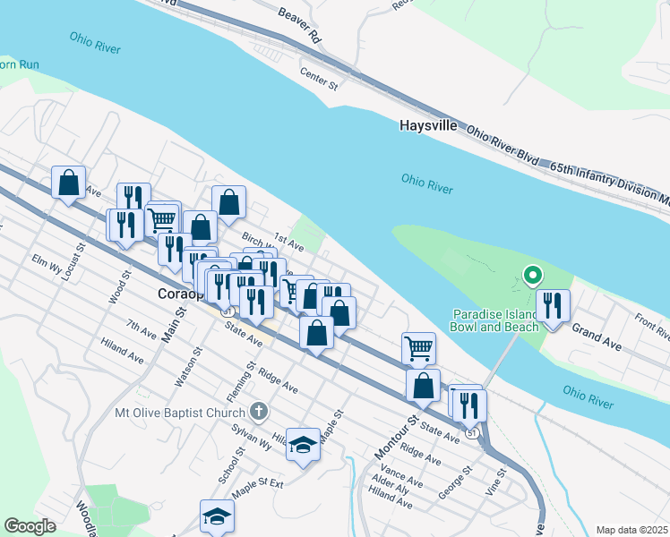 map of restaurants, bars, coffee shops, grocery stores, and more near 1132 1st Avenue in Coraopolis