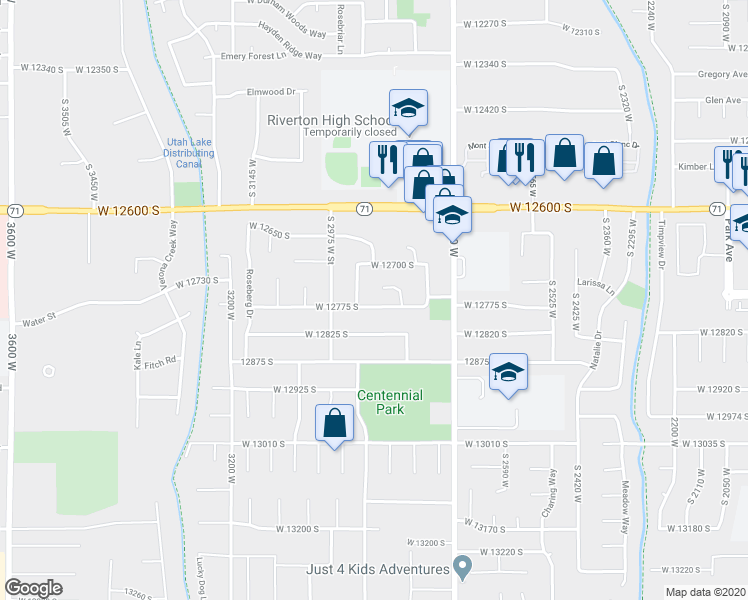 map of restaurants, bars, coffee shops, grocery stores, and more near 2880 La Strada Way in Riverton