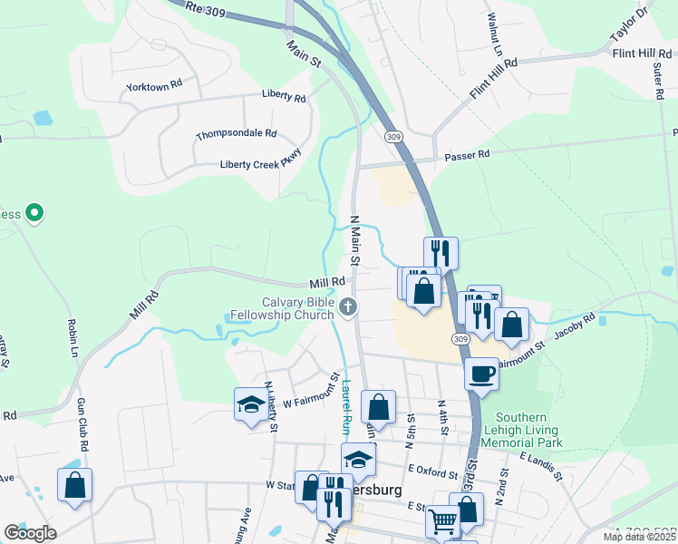 map of restaurants, bars, coffee shops, grocery stores, and more near 6734 N Main St in Coopersburg