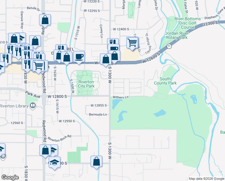 map of restaurants, bars, coffee shops, grocery stores, and more near 12772 South McCartney Way in Riverton