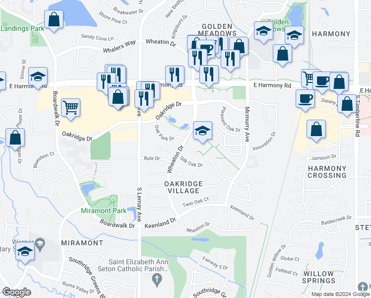 map of restaurants, bars, coffee shops, grocery stores, and more near 1309 Armsley Court in Fort Collins