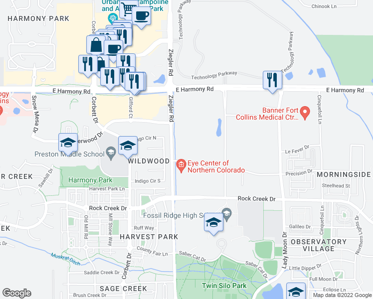 map of restaurants, bars, coffee shops, grocery stores, and more near 4880 Ziegler Road in Fort Collins