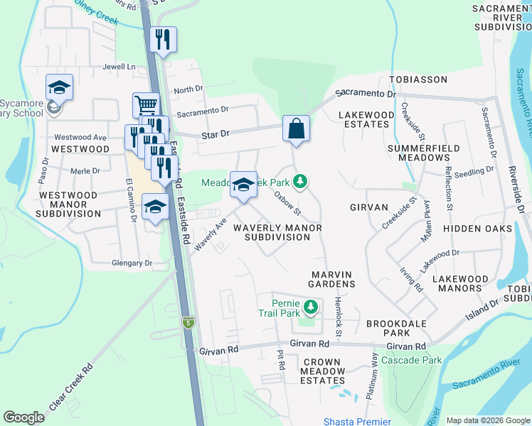 map of restaurants, bars, coffee shops, grocery stores, and more near 6767 East Waverly Avenue in Redding