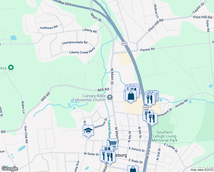 map of restaurants, bars, coffee shops, grocery stores, and more near 6734 N Main St in Coopersburg