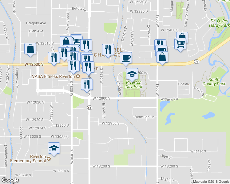 map of restaurants, bars, coffee shops, grocery stores, and more near 1565 West 12730 South in Riverton