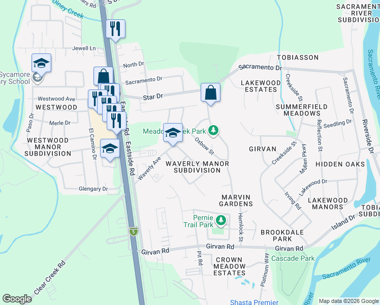 map of restaurants, bars, coffee shops, grocery stores, and more near 6767 E Waverly Ave in Redding