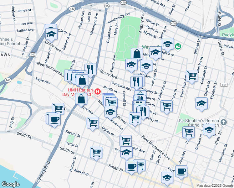 map of restaurants, bars, coffee shops, grocery stores, and more near 441 Neville Street in Perth Amboy