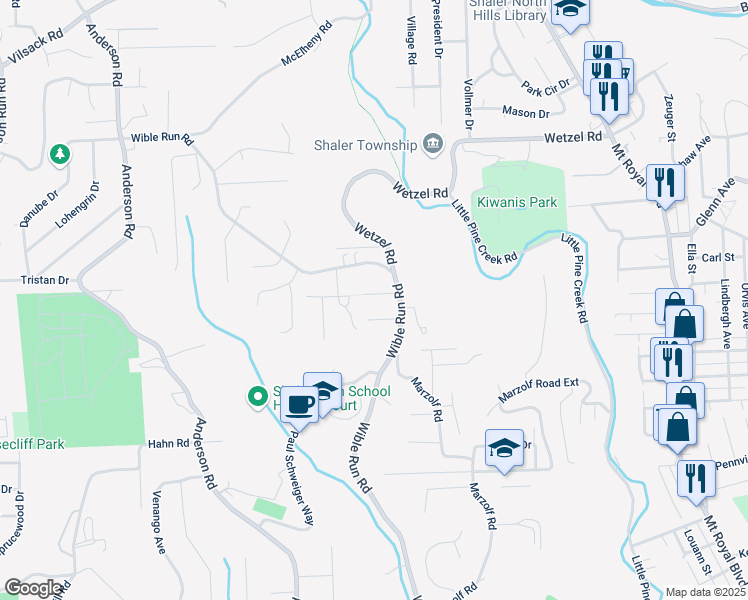 map of restaurants, bars, coffee shops, grocery stores, and more near 567 Wible Run Road in Pittsburgh