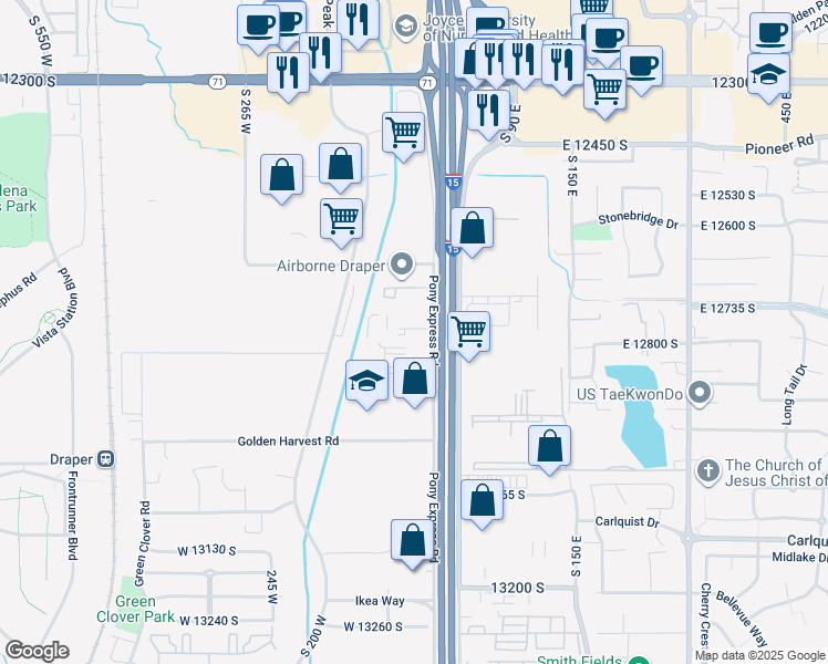 map of restaurants, bars, coffee shops, grocery stores, and more near 12764 S Pony Express Rd in Draper