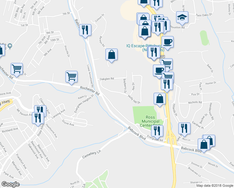 map of restaurants, bars, coffee shops, grocery stores, and more near 118 Holly Hill Drive in Pittsburgh