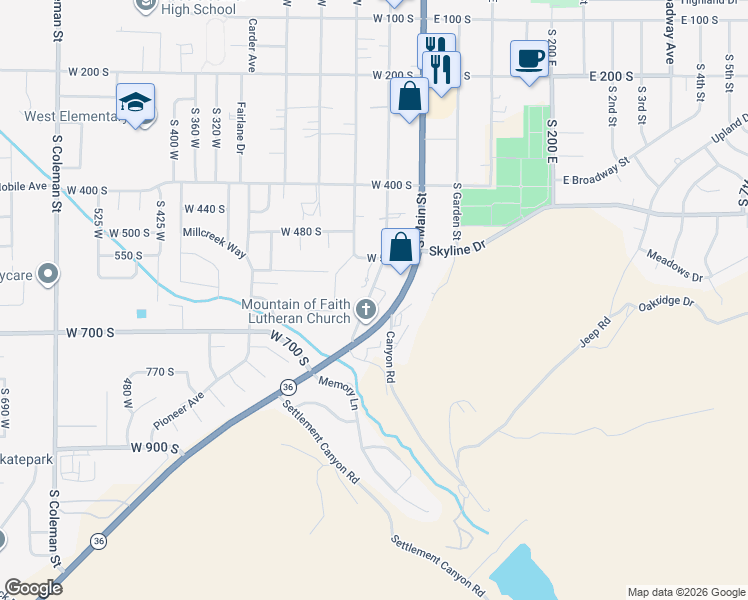 map of restaurants, bars, coffee shops, grocery stores, and more near 543 South 50 West in Tooele