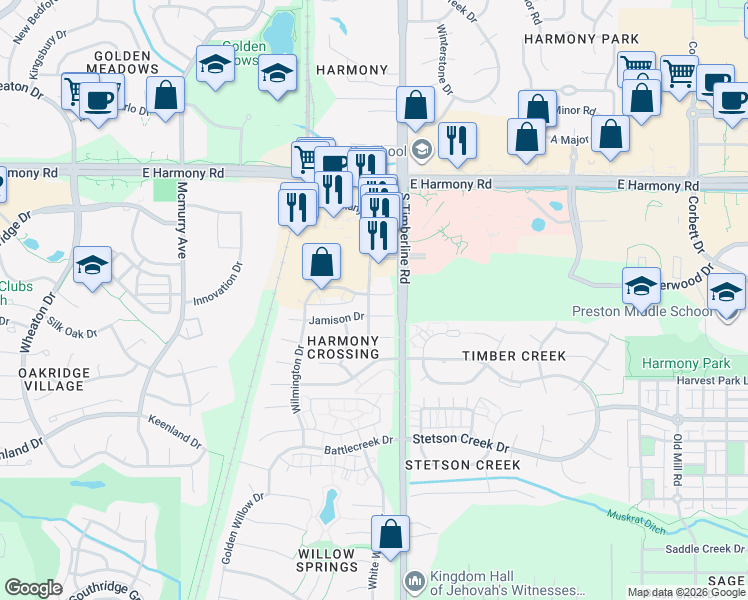 map of restaurants, bars, coffee shops, grocery stores, and more near 2001 Rockport Court in Fort Collins