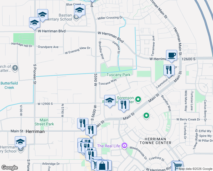 map of restaurants, bars, coffee shops, grocery stores, and more near 5531 Toscana Way in Herriman