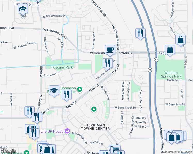 map of restaurants, bars, coffee shops, grocery stores, and more near 5156 Stockfield Lane in Herriman