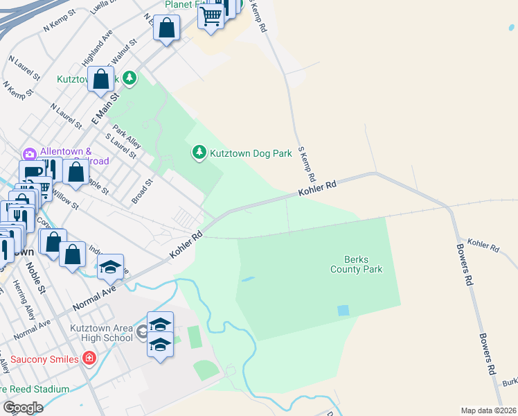 map of restaurants, bars, coffee shops, grocery stores, and more near 106 State Route 1029 in Kutztown